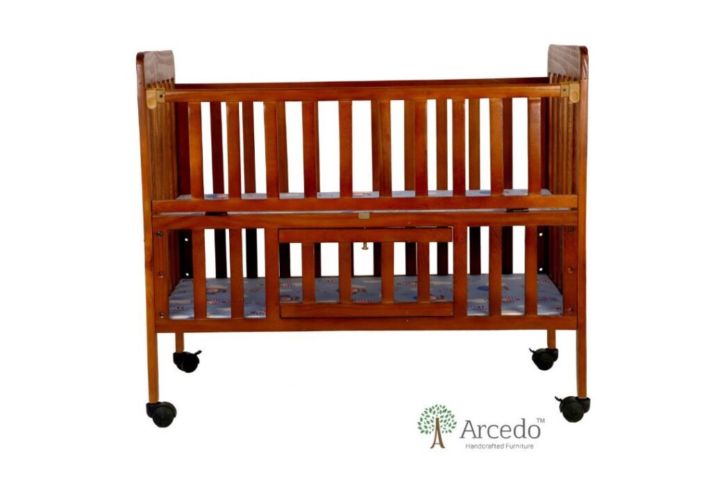 Wooden Baby Cot Bed with 4 Adjustable Wheels Walnut