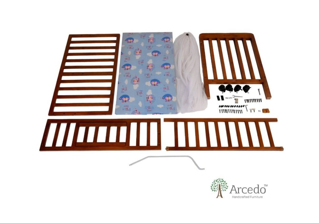 Wooden Baby Cot Bed with 4 Adjustable Wheels Walnut