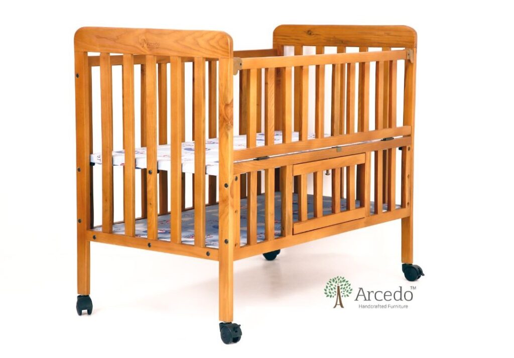 Baby Wooden Cot with Storage, Soft Mattress, Swing & Wheels – Premium Nursery Furniture