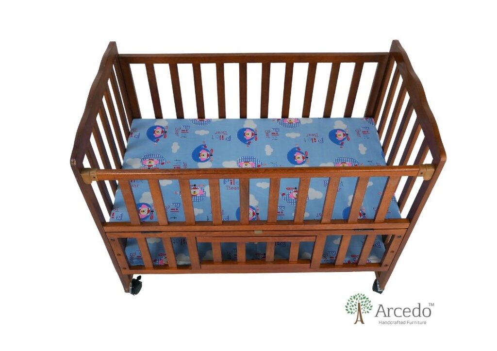 Modern Blue Baby Wooden Cot with Soft Mattress & Wheels
